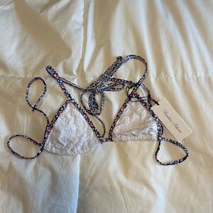 Frankie's Bikinis White Floral Trim Triangle Bikini Top